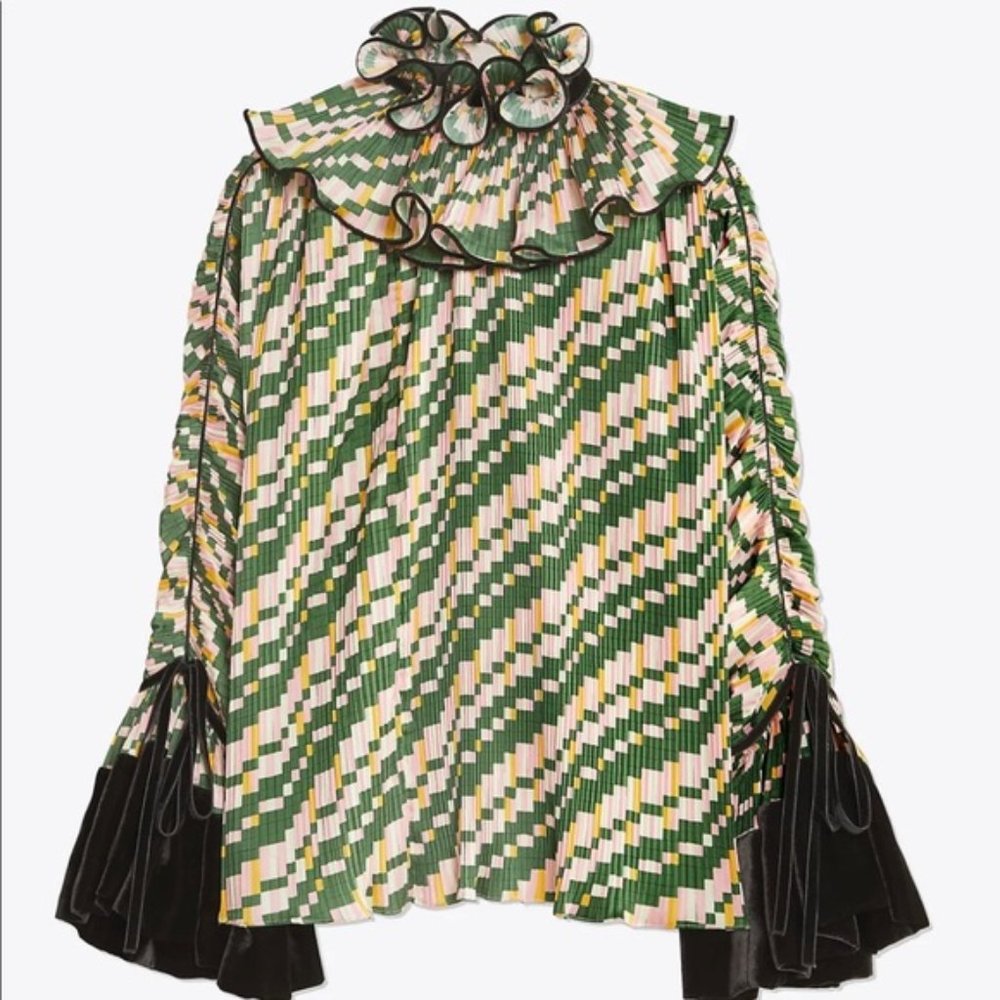 Tory Burch NWOT Mesa Geo Pleated Ruffle Blouse Size 6 Retail $498-- Runs Large.